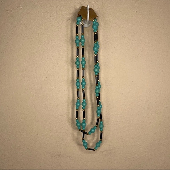 TEAL BLACK WOODEN BEADED NECKLACE TRIBAL GOLD ACCENT SPRING RING - Picture 2 of 7